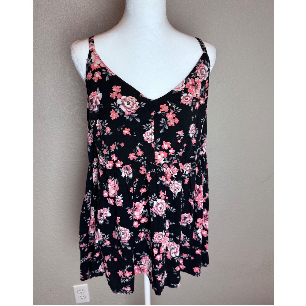 Torrid Womens Floral Babydoll Cami Top Black Pink Rose Sleeveless Blouse Size 2